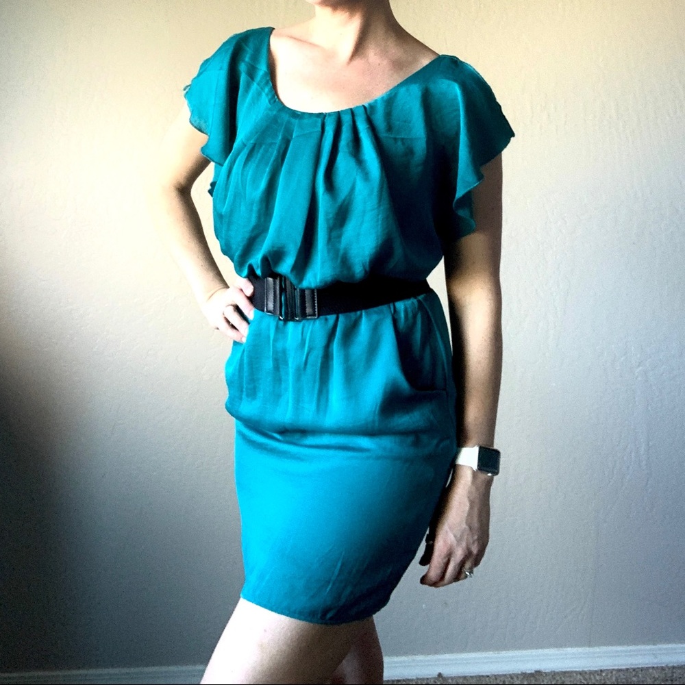 Teal Satin belted dress with pockets
